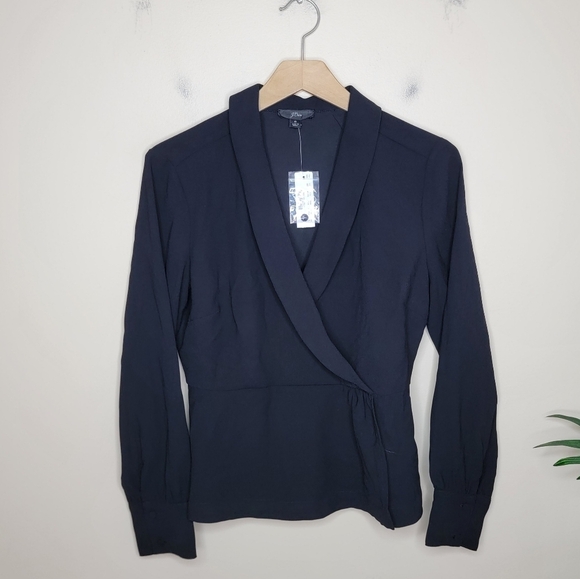 NWT J. Crew | Black Crepe Faux Wrap Long Sleeve Blouse Size 6 - Picture 9 of 9